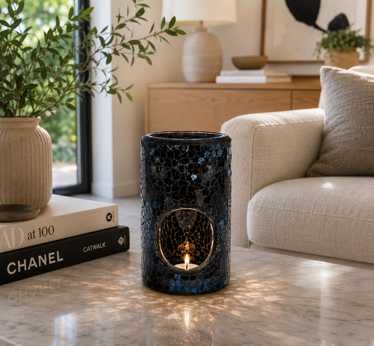 Black Pillar Crackle Tealight Buner