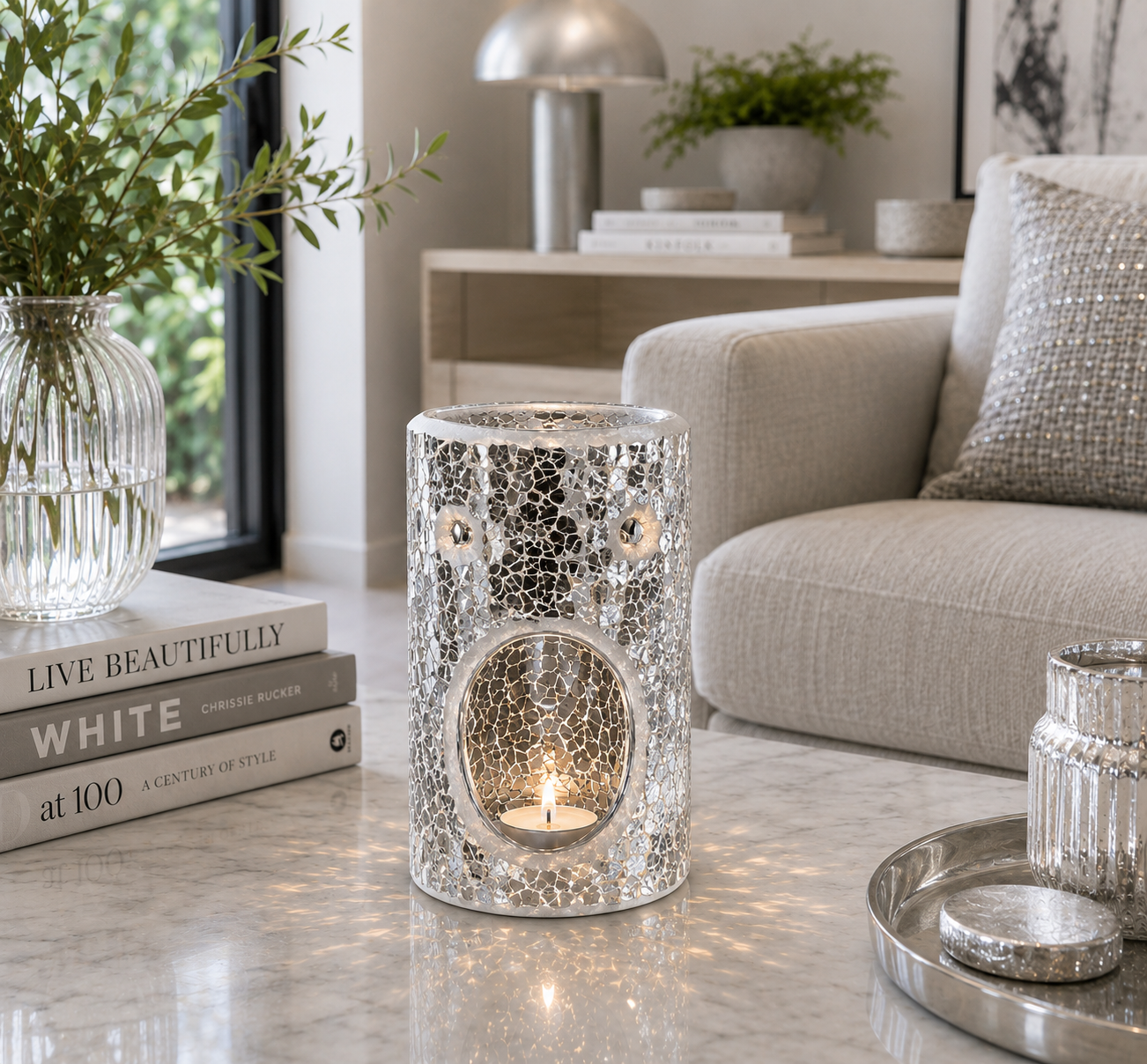 Silver Pillar Crackle Tealight Buner
